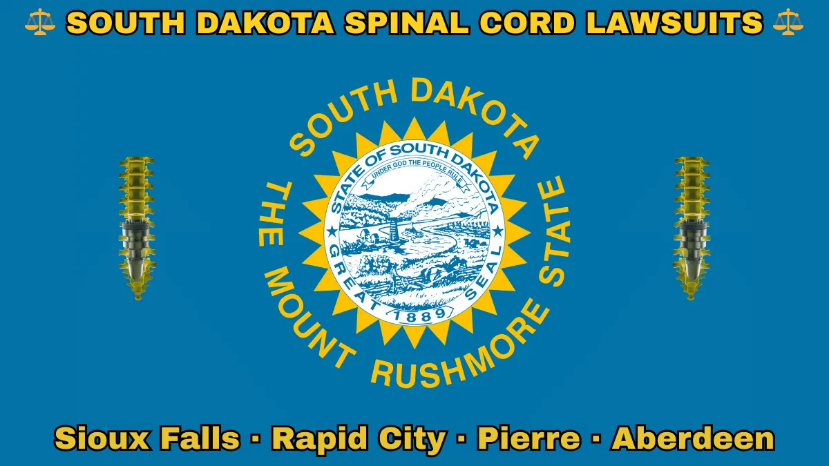 SOUTH DAKOTA SPINAL CORD LAWSUITS: Sioux Falls, Rapid City, Pierre, and Aberdeen text on SD state flag adorned with spine stimulators depicted on a blue field near the official seal and words "THE MOUNT RUSHMORE STATE"