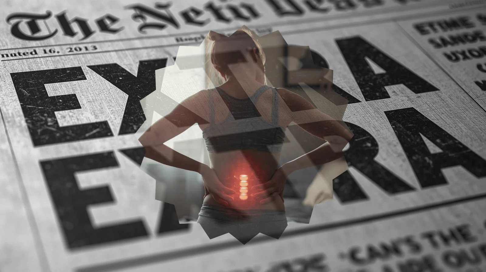 Spinal cord stimulator implant depicted on newspaper print reading 