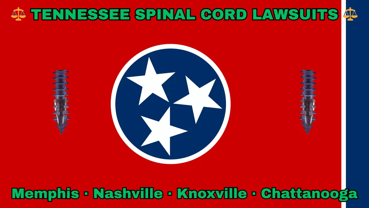 TENNESSEE SPINAL CORD LAWSUITS: Memphis, Nashville, Knoxville, and Chattanooga text on TN state flag adorned with spine stimulators depicted on a red background near three white stars on a blue circle and vertical blue stripe.