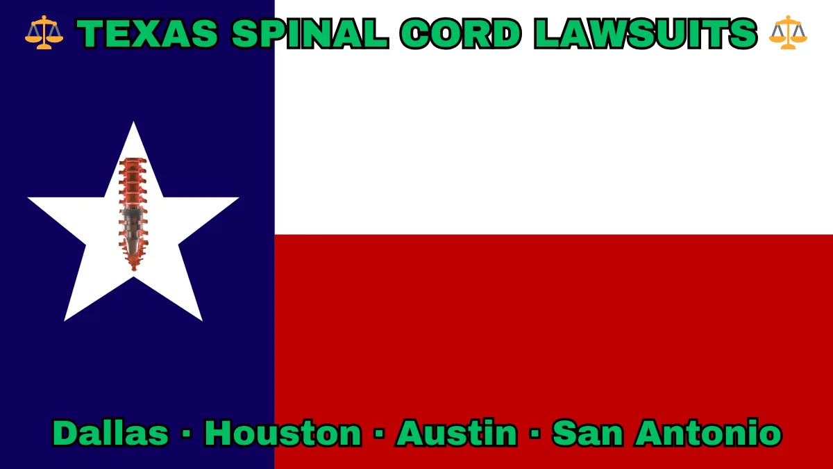 TEXAS SPINAL CORD LAWSUITS: Dallas, Houston, Austin, and San Antonio text on TX state flag adorned with spine stimulators depicted on a Lone Star near blue, red and white color blocks.
