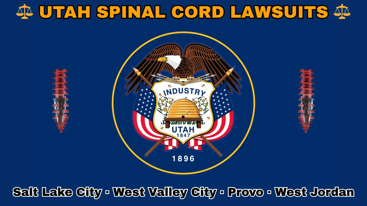 UTAH SPINAL CORD LAWSUITS: Salt Lake City, West Valley City, Provo, and West Jordan text on UT state flag adorned with spine stimulators depicted on a blue field near a beehive, bald eagle, motto and date