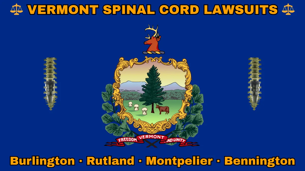 VERMONT SPINAL CORD LAWSUITS: Burlington, Rutland, Montpelier, and Bennington text on VT state flag adorned with spine stimulators depicted on a blue field near the official coat of arms featuring a pine tree and cow
