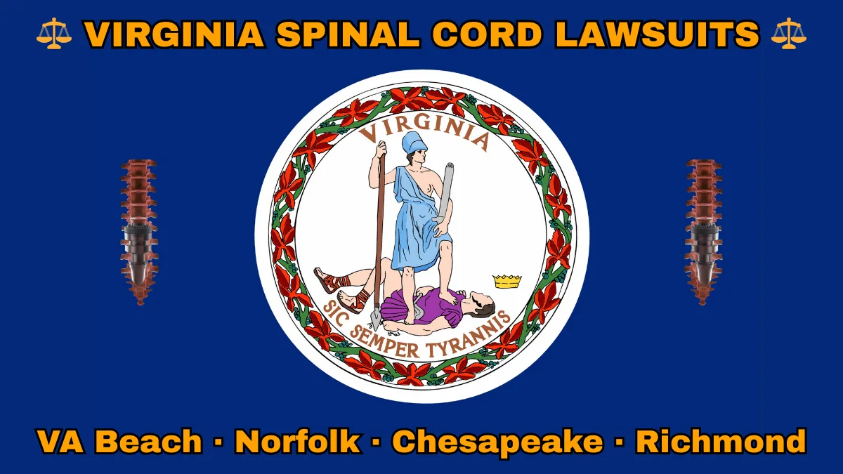 VIRGINIA SPINAL CORD LAWSUITS: VA Beach, Norfolk, Chesapeake, and Richmond text on VA state flag adorned with spine stimulators depicted near Virtus defeating Tyranny with a spear and sword.