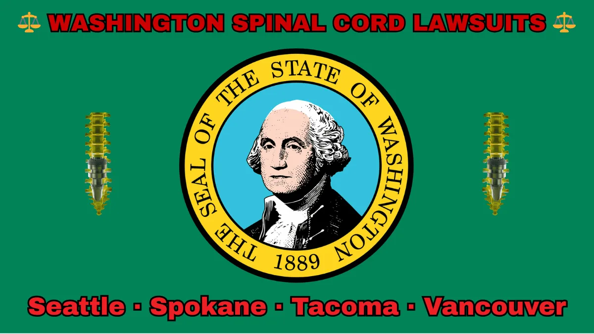 WASHINGTON SPINAL CORD LAWSUITS: Seattle, Spokane, Tacoma, and Vancouver text on WA state flag adorned with spine stimulators depicted on a green background near the official SEAL featuring George Washington.