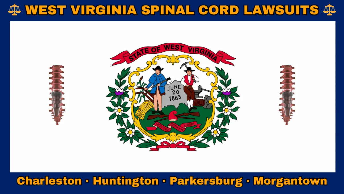 WEST VIRGINIA SPINAL CORD LAWSUITS: Charleston, Huntington, Parkersburg, and Morgantown text on WV state flag adorned with spine stimulators depicted on a white field with blue border near the official seal encircled by rhododendrons