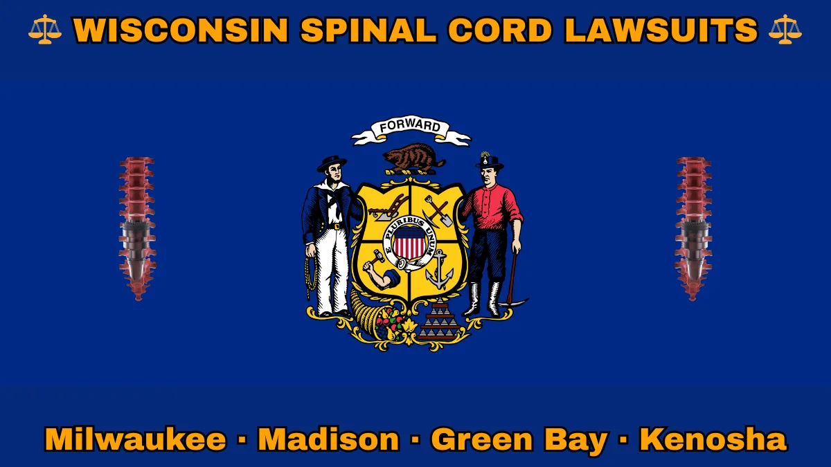 WISCONSIN SPINAL CORD LAWSUITS: Milwaukee, Madison, Green Bay, and Kenosha text on WI state flag adorned with spine stimulators depicted near a sailor and miner flanking a shield featuring agriculture, mining, manufacturing, and navigation, a badger above, and a cornucopia and lead ingot.