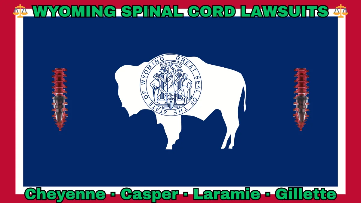 WYOMING SPINAL CORD LAWSUITS: Cheyenne, Casper, Laramie, and Gillette text on WY state flag adorned with spine stimulators depicted on a blue field bordered in white and red near a white bison bearing the official seal.