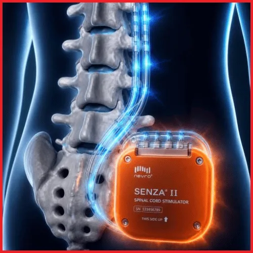 Nevro Senza II Spinal Cord Stimulator implant in the lower back emits bursts of electricity